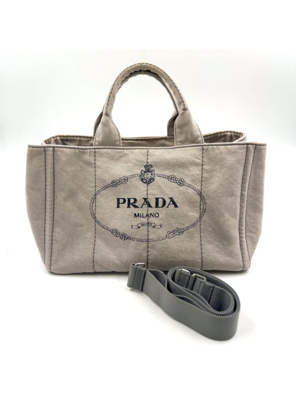 Prada Canapa Denim Canvas Light Gray Tote Silver - Picture 15 of 15